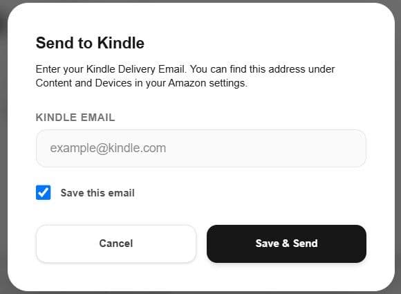 Providing personal Kindle email address in popup modal