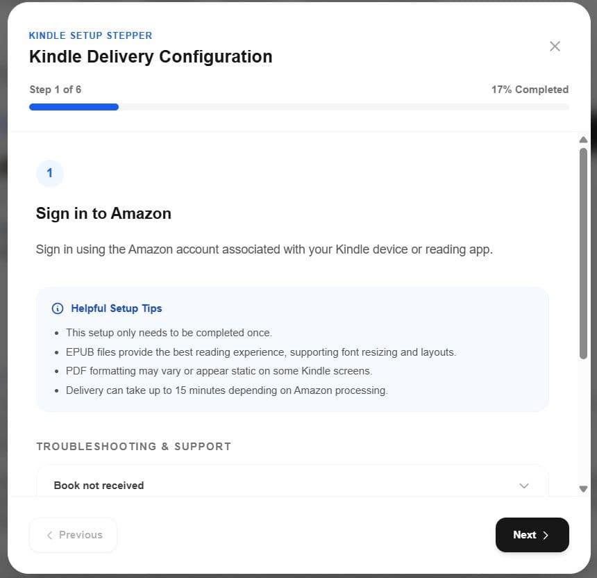 Final confirmation modal for Kindle manuscript delivery