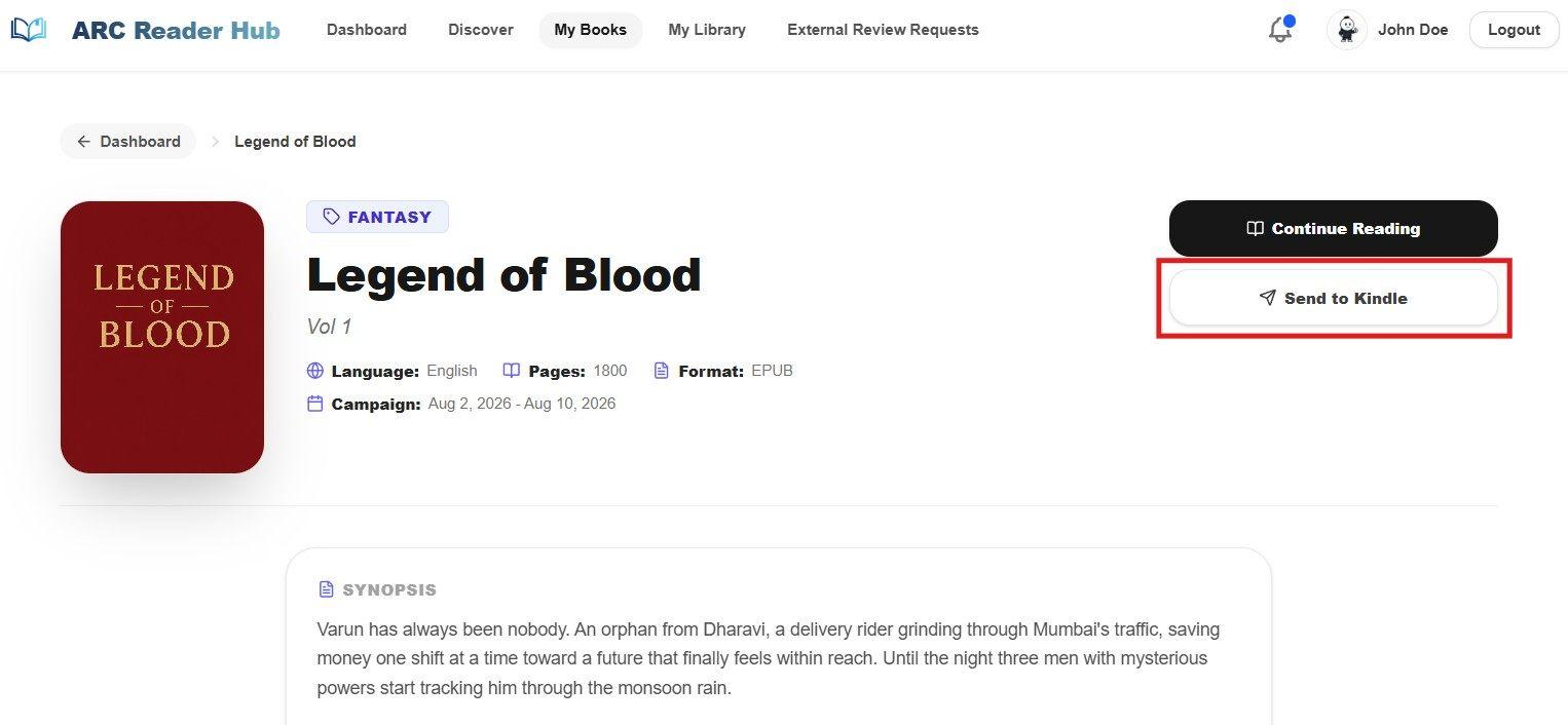 Clicking Send to Kindle on approved ARC book details page