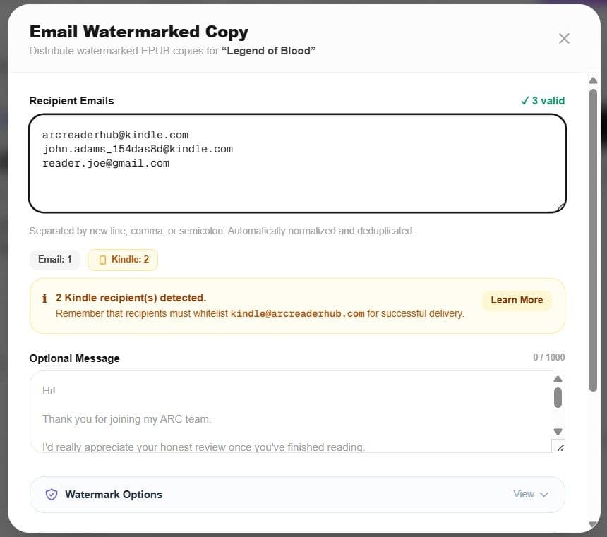 Entering reviewer email address and custom message in popup