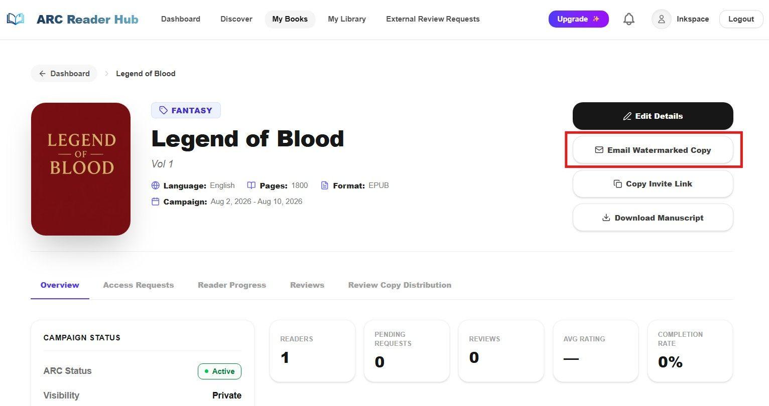 External review copy distribution setup screen for authors
