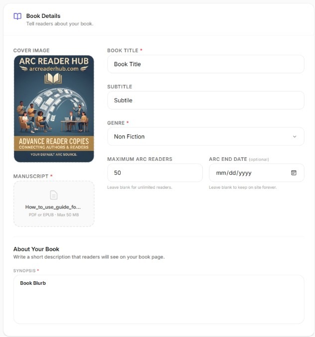 Entering book details, cover image, manuscript file, reader limits, and synopsis
