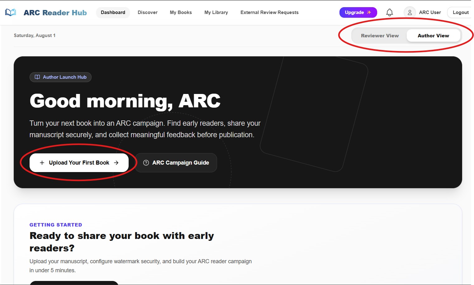 Clicking the Upload New Book button on the author dashboard