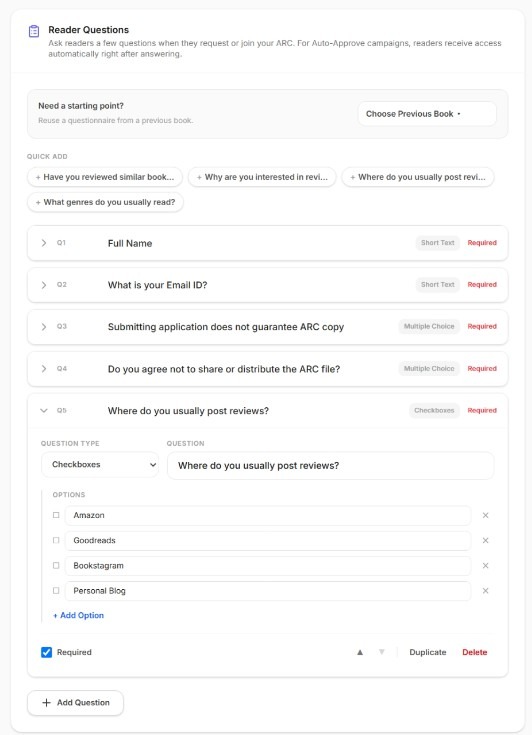 Setting up custom reader questions and questionnaire options