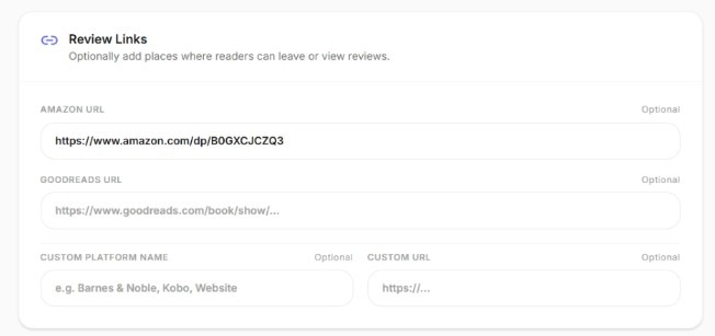 Adding Amazon, Goodreads, and custom platform review links