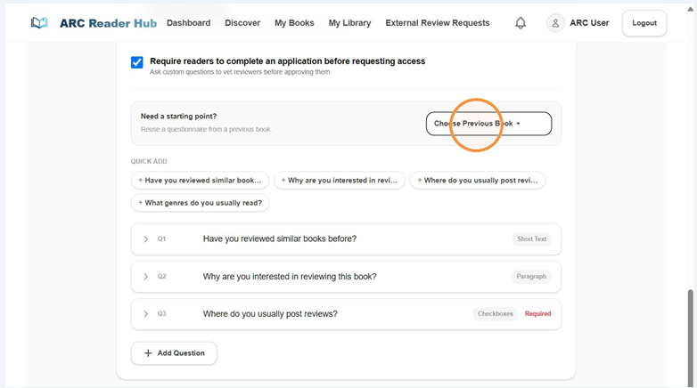 Selecting previous book to clone reader application questions