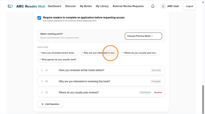 Using Quick Add list to append common questions