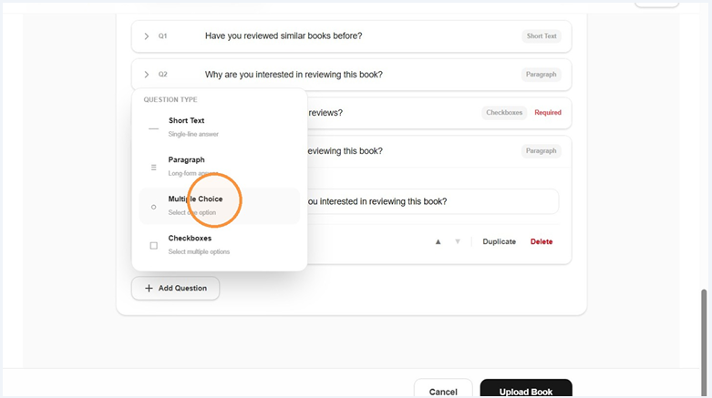 Selecting question input formats from the dropdown