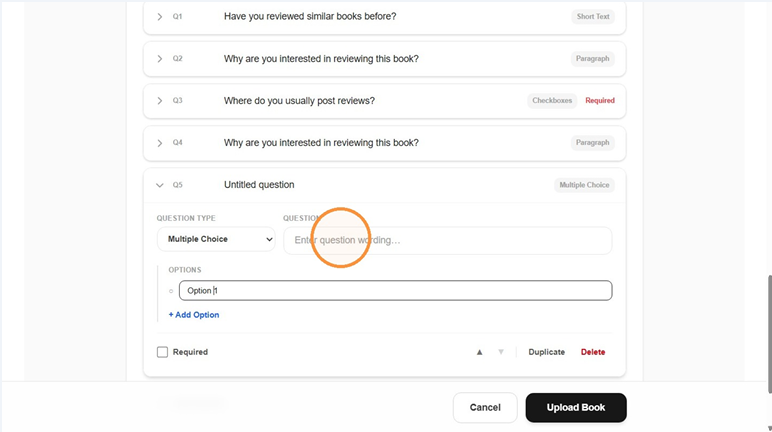 Configuring question options, toggling required, and editing choice values